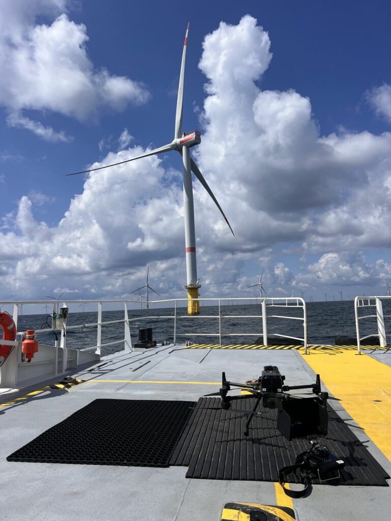 Inspection drone ready on a vessel deck at an offshore wind farm