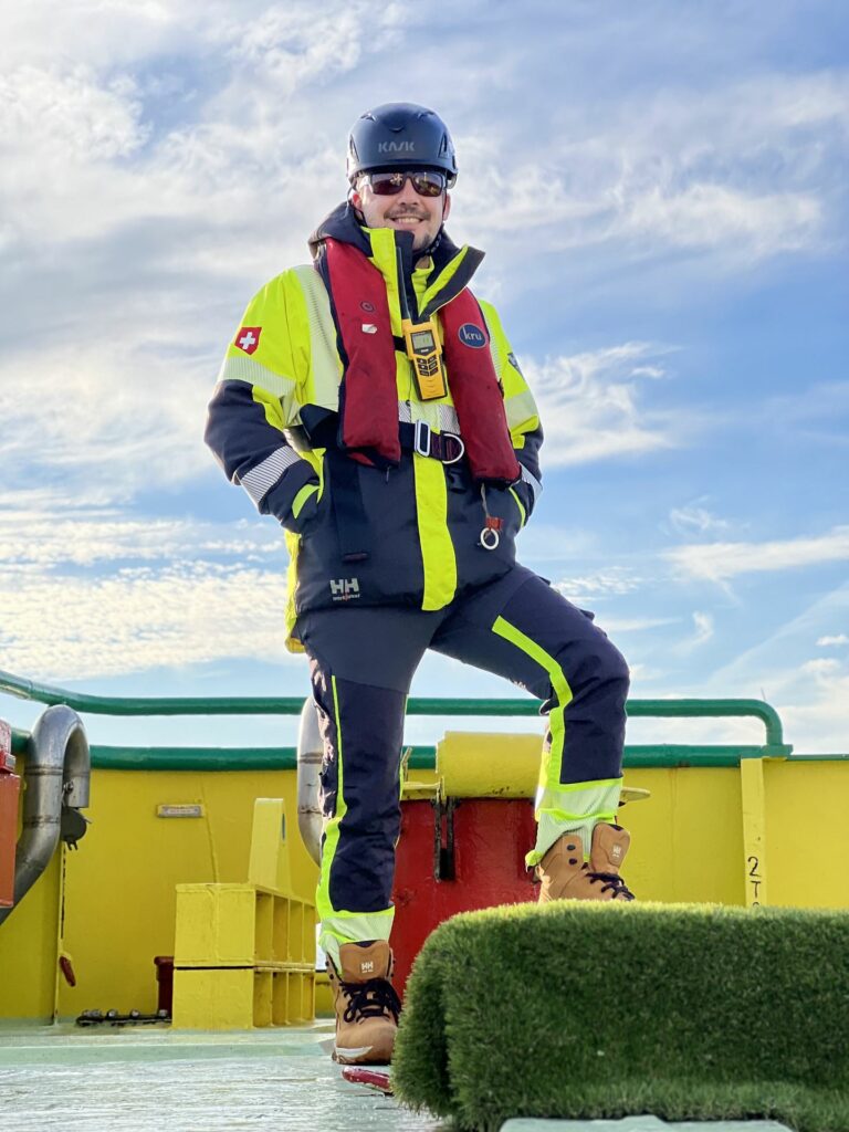 Mátyás István, drone pilot, on an offshore vessel
